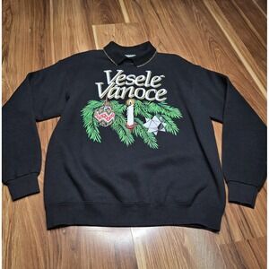 Vintage Lee Sweatshirt Womens Medium‎ Black Vesele Vanoce Christmas Collared 90s